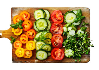 Fresh sliced vegetables arranged on a wooden board. Isolated on a transparent background.