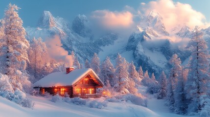 A cozy cabin nestled amongst snow-covered trees and majestic mountains, bathed in the warm glow of the setting sun.