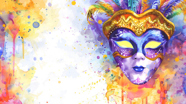 Mardi Gras watercolor banner design with mask and empty copy space for text. Party invitation template