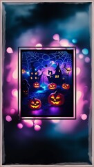 glowing jack-o'-lanterns set against a dark background with haunted house and spider web. pumpkins illuminated in orange and purple hues. Halloween greeting card