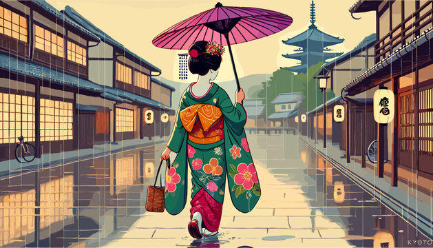 Drizzling rain and maiko in Gion. Vector illustration.