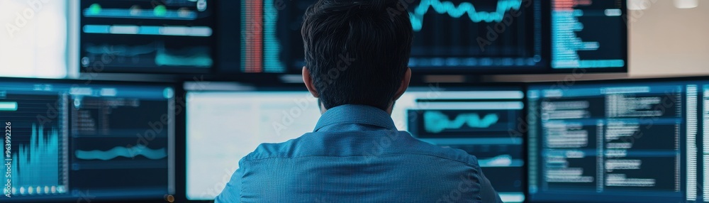 Poster a professional analyst reviewing data trends on multiple computer screens in a modern office environ