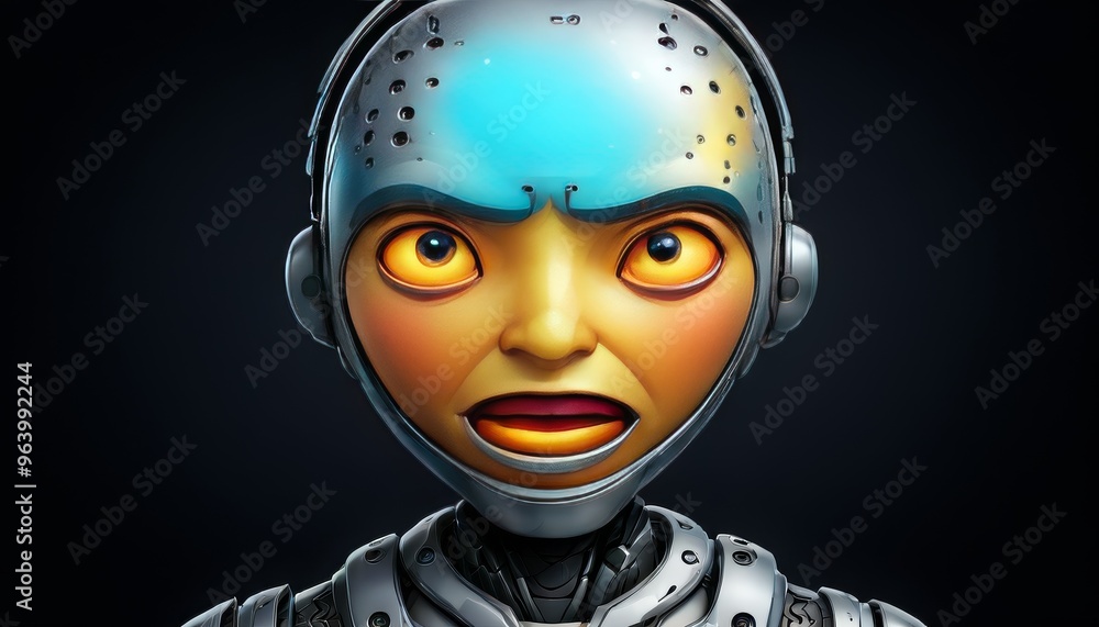 Poster close-up of a futuristic robot with an intense expression, featuring a sleek, metallic design in a d