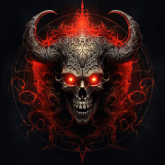 The skull of a demon with horns and red fire