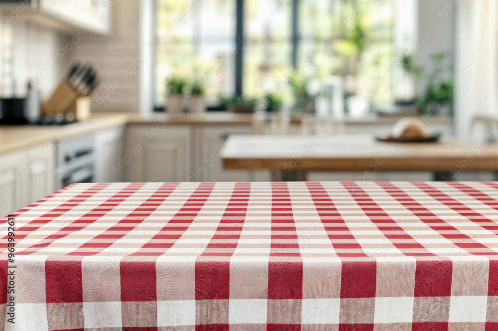 Poster empty table with red checkered tablecloth in front of blurry kitchen background. high quality photo