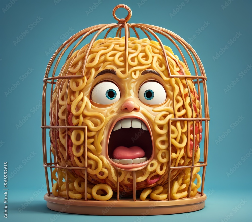 Poster a unique 3d illustration of a character made of spaghetti noodles, trapped in a cage with a shocked 