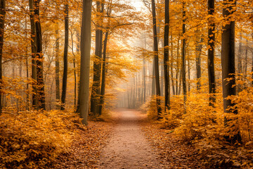 Fototapeta premium A tranquil autumn forest path surrounded by golden trees and bathed in soft morning light