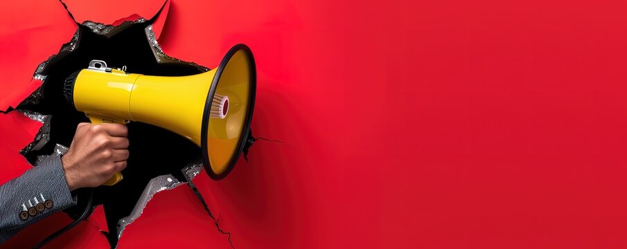 A hand holding a yellow megaphone breaks through a red background. This image symbolizes breaking through barriers and making your voice heard.