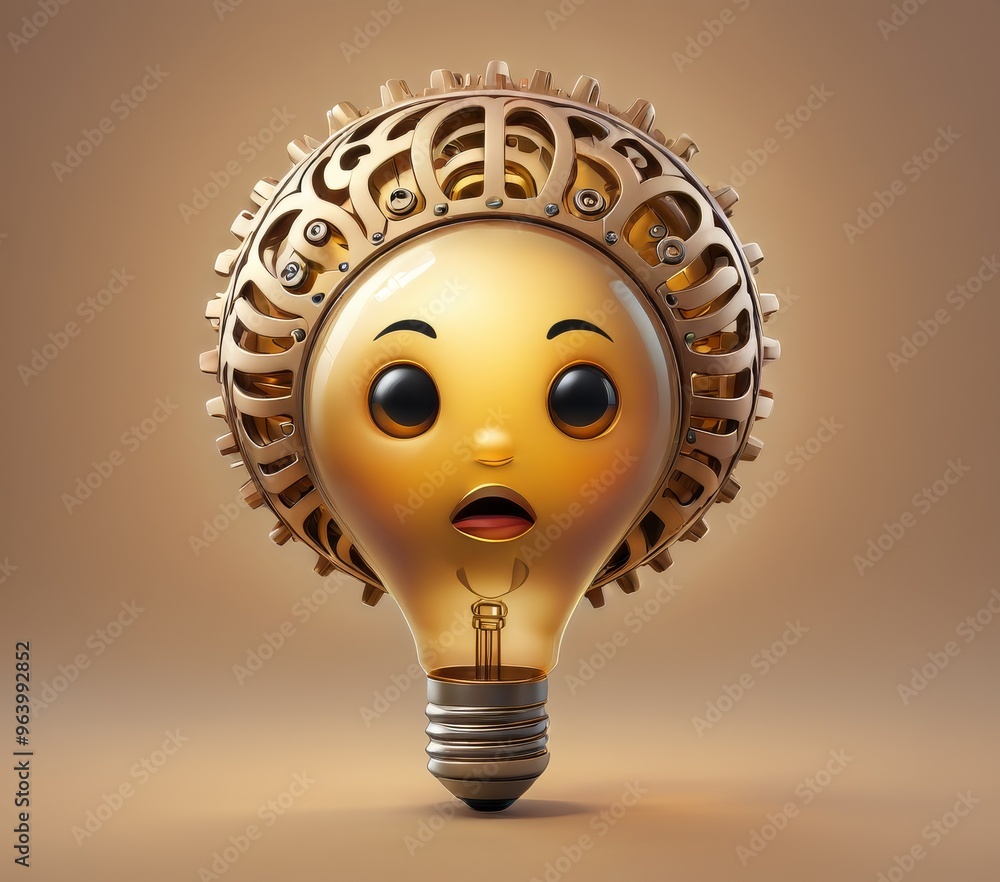 Poster A steampunk-inspired light bulb features mechanical gears around its top, creating a complex and intriguing design. The bulb has a surprised facial expression, adding a whimsical touch to the