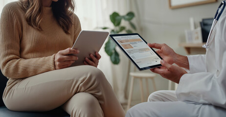 Obraz premium Doctor is showing medical information on a digital tablet to a patient in clinic. Healthcare and digital records management concept. High quality photo