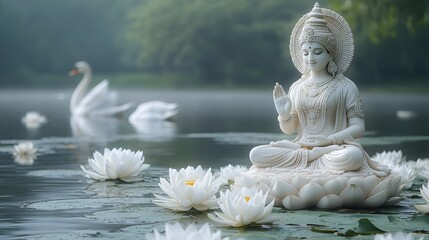 Serene Lakeside Statue of Goddess Saraswati Amid Lotus Flowers and Swan