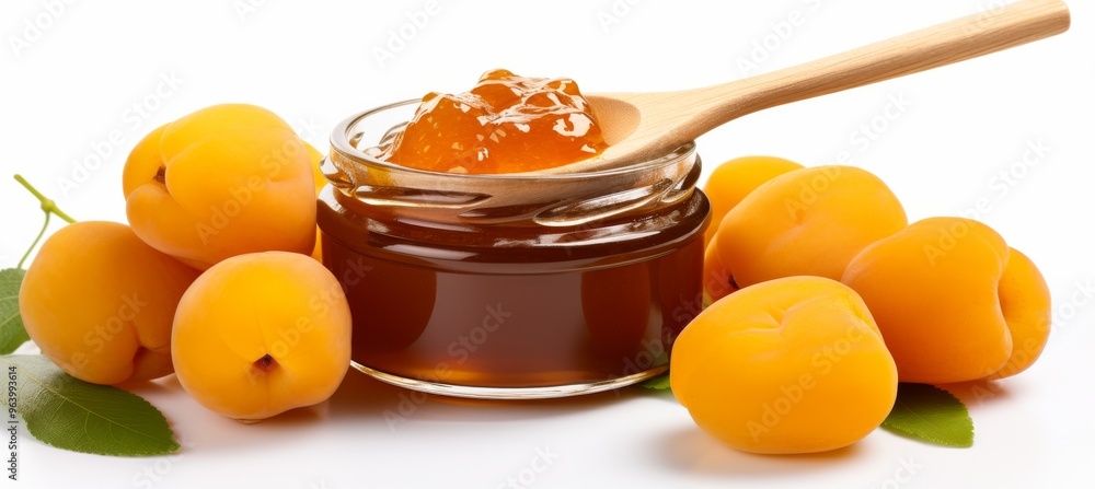 Wall mural fresh apricots and homemade jam displayed together with a wooden spoon at a bright kitchen setting