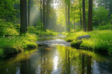 Serene forest with sunlight filtering through trees and a calm stream.