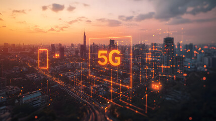 Fototapeta premium A vibrant cityscape with visible 5G network towers and antennas