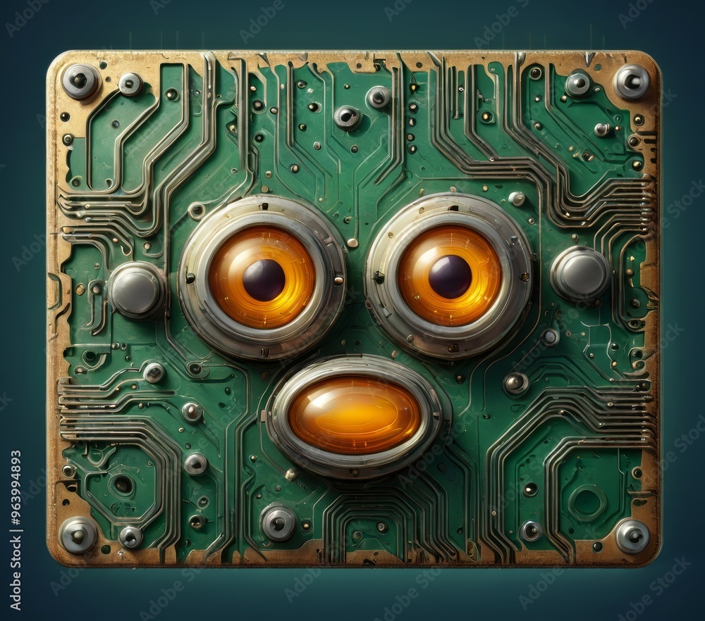 Poster detailed close-up of a green circuit board designed to resemble a face with glowing amber eyes and b