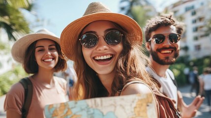 Vacationers enjoy city with friends and map.