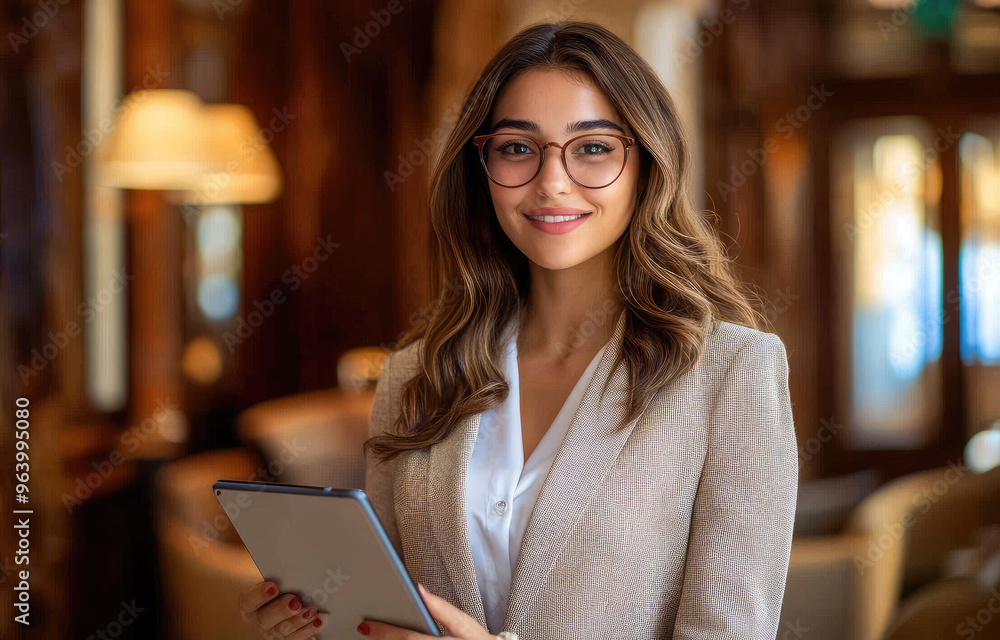 Sticker A professional female hotel manager wearing glasses is standing in the lobby of an elegant and luxurious small luxury hotel