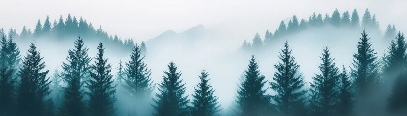 Fototapeta premium A serene landscape featuring misty trees creating a tranquil atmosphere, perfect for relaxation and nature-themed projects.