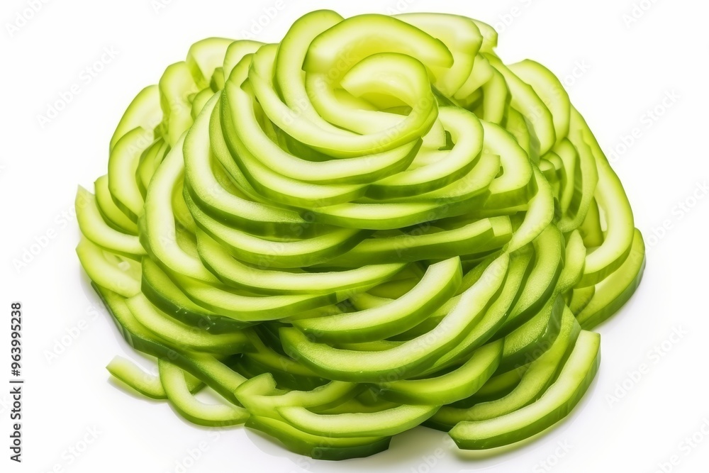 Aufkleber freshly sliced cucumbers arranged in a spiral pattern on a clean white background