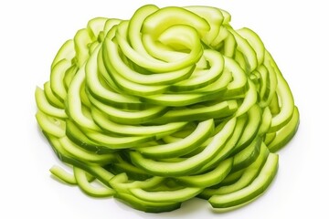 Fototapeta premium Freshly sliced cucumbers arranged in a spiral pattern on a clean white background