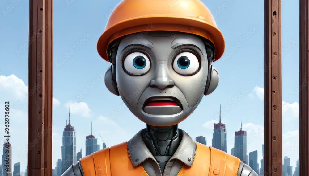 Poster a construction worker robot wearing an orange hard hat and vest, displaying a shocked expression aga
