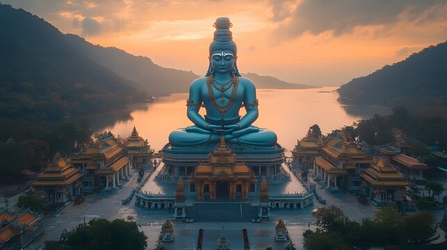 Towering Shiva Statue at Thai Brahmin Temple with Stunning Sunrise Backdrop