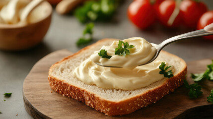 A spoonful of mayonnaise being spread on a slice of bread, with sandwich ingredients nearby.