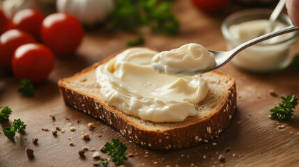 A spoonful of mayonnaise being spread on a slice of bread, with sandwich ingredients nearby.