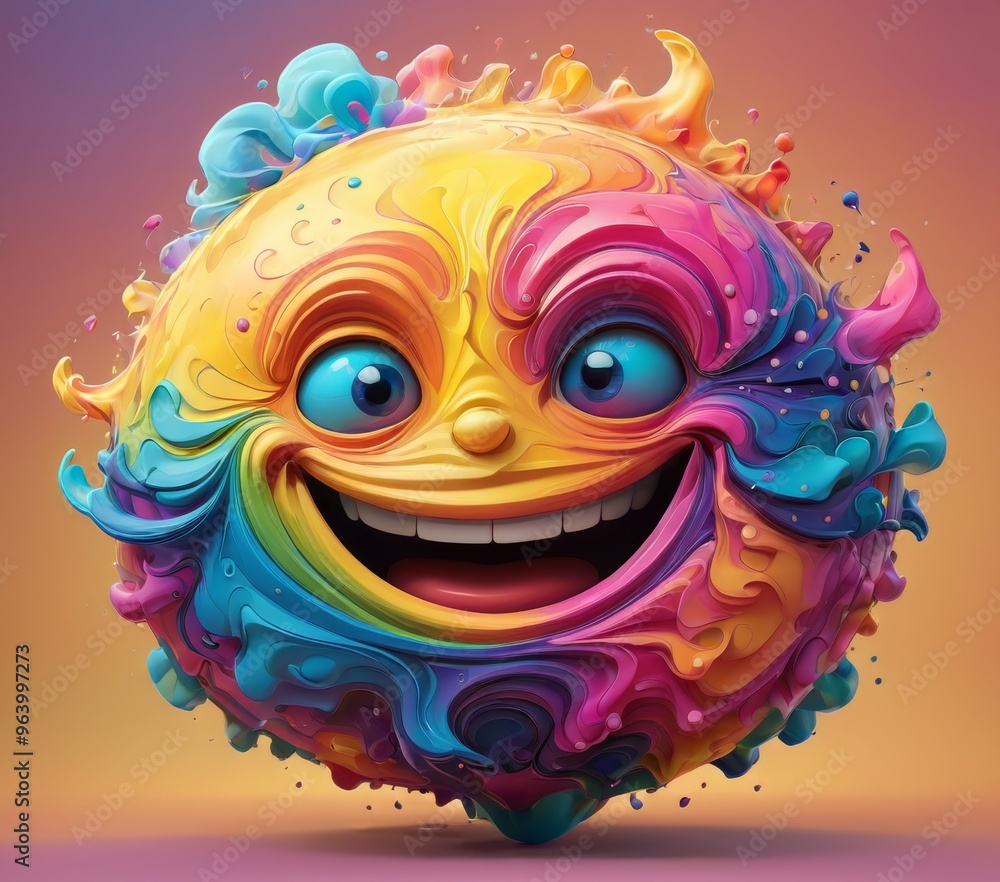 Poster a highly vibrant and playful image of a smiling face, beautifully adorned with swirling, multi-color