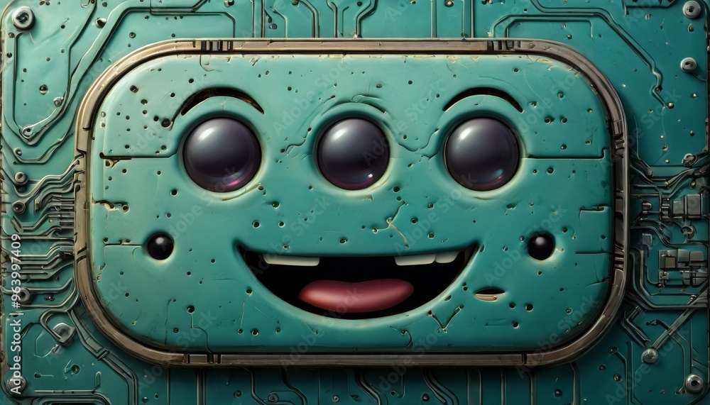 Poster close-up of a cute robotic face with three eyes and a smiling mouth, featuring a futuristic design w