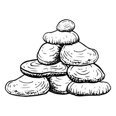 Balance stones pyramid black and white vector illustration. Sea rocks pile ink sketch. Hand drawn line graphic pebbles for spa and marine designs