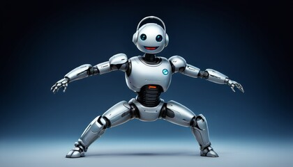 Fototapeta premium A dynamic robot striking a pose with arms and legs wide apart, set against a dark background. This energetic and athletic android exudes excitement and movement, making it suitable for sports and