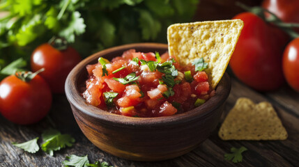 A small bowl of salsa with a tortilla chip dipping in, surrounded by fresh tomatoes and cilantro.