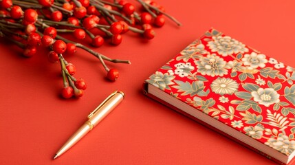 Floral Journal with Pen on Red Background 