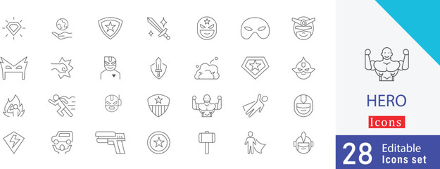 Hero thin line icon set. containing  mask icon, strong, heroic figure,  gun, punch, special, sword, mask , fighter and more line art collection
