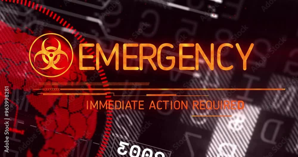 Aufkleber animation of biohazard icon and data processing over emergency text on black background