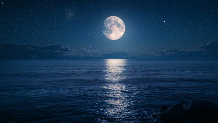 Naklejka premium Full Moon Over Ocean Starry Night Moonlight Reflection
