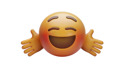 A 3D-rendered smiling emoji with arms outstretched, as if offering a welcoming hug