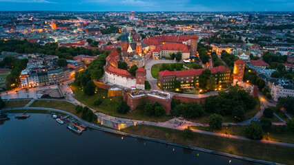 aerial view of krakow center and wawel royal castle at sunset in summer in poland