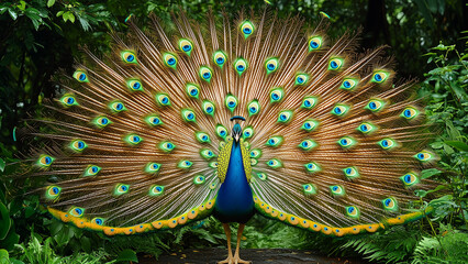 Obraz premium Peacock with Spread Tail Feathers in Lush Green Forest