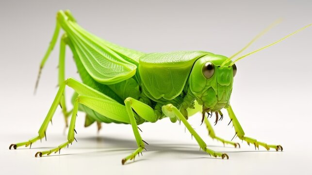 Close-up of a vibrant green grasshopper resting on a smooth surface under bright lighting conditions