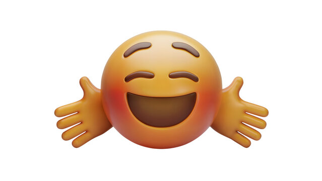 A 3D-rendered smiling emoji with arms outstretched, as if offering a welcoming hug