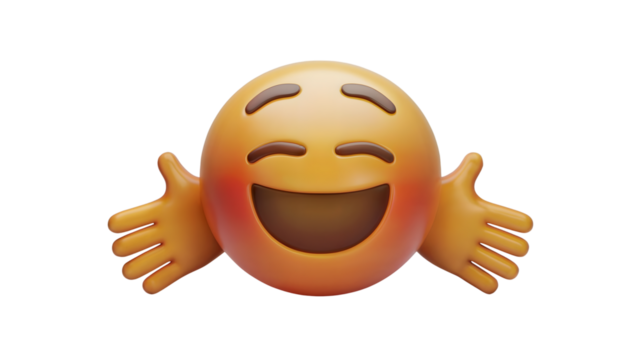 A 3D-rendered smiling emoji with arms outstretched, as if offering a welcoming hug