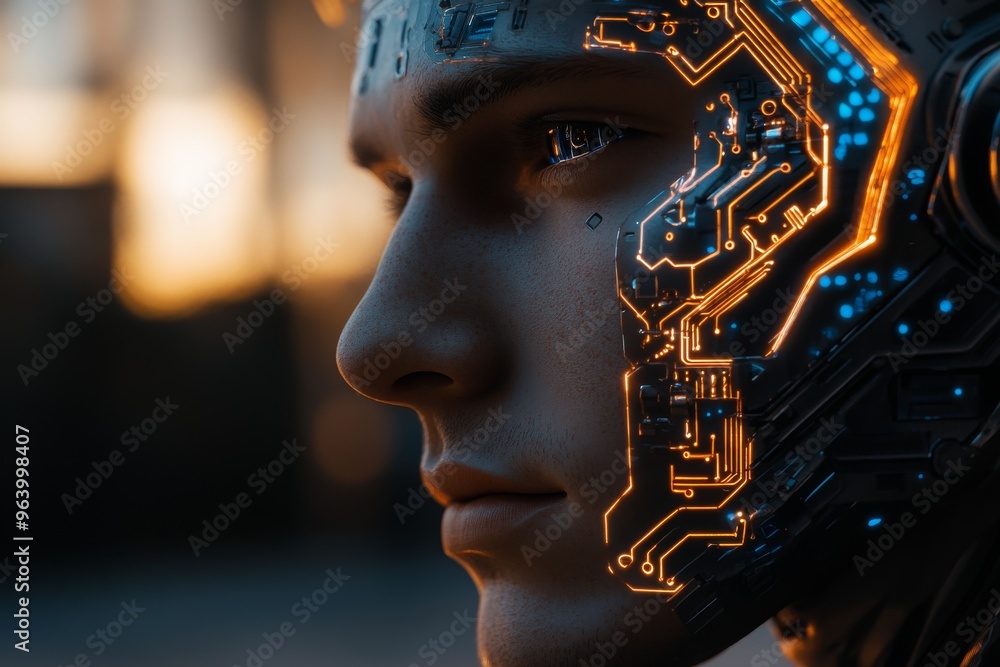 Poster human machine interface futuristic portrait and cyberpunk style man with neon circuitry on his face 