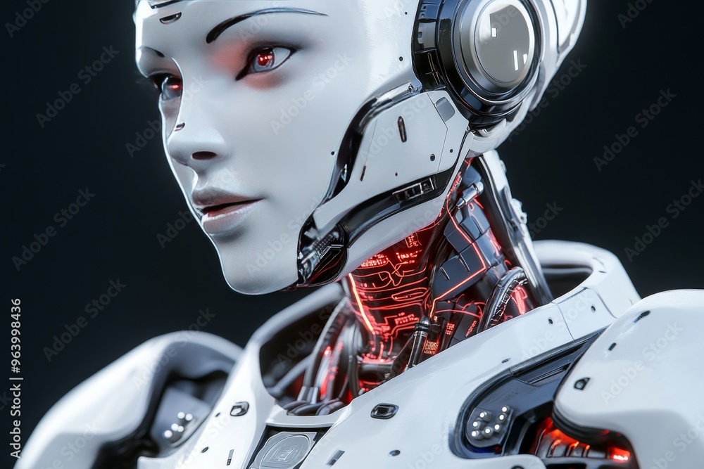 Poster transhumanism digital transformation and ai kid advanced white skinned humanoid robot with red mecha