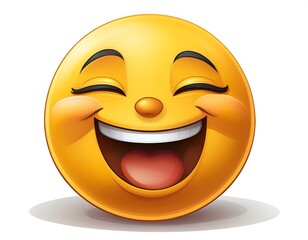 Fototapeta premium Happy Smiley Emoji. A round yellow emoji with a big smile and closed eyes, expressing joy and happiness, isolated on white.