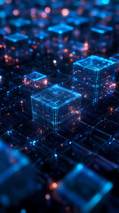 Fototapeta premium Futuristic tech space with glowing blue cubes