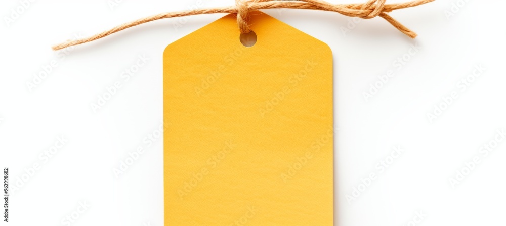 Poster bright yellow tag hanging on string against a clean white background emphasizing minimalist design