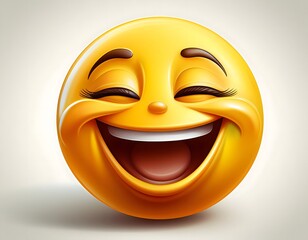 Fototapeta premium Happy Smiley Emoji. A round yellow emoji with a big smile and closed eyes, expressing joy and happiness, isolated on white.