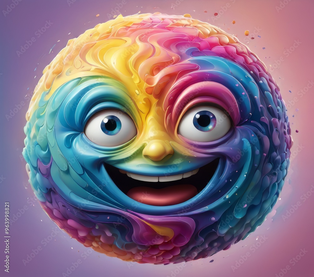 Poster a whimsical sphere with a smiling face, adorned with colorful, swirling patterns. this joyful and im